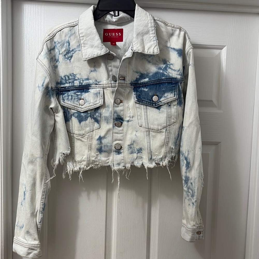 Guess Blue and White Cropped Jean Jacket with Acid Wash